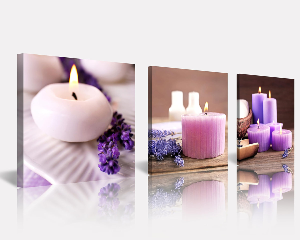 Zen Canvas Wall Art Spa Still Life With Purple Aromatherapy Candles And Zen Stone Aroma Lavender Flower Painting Pictures Print on Canvas Ready to Hang for Bathroom Decoration (16X16inchX3pcs / lavender candles)