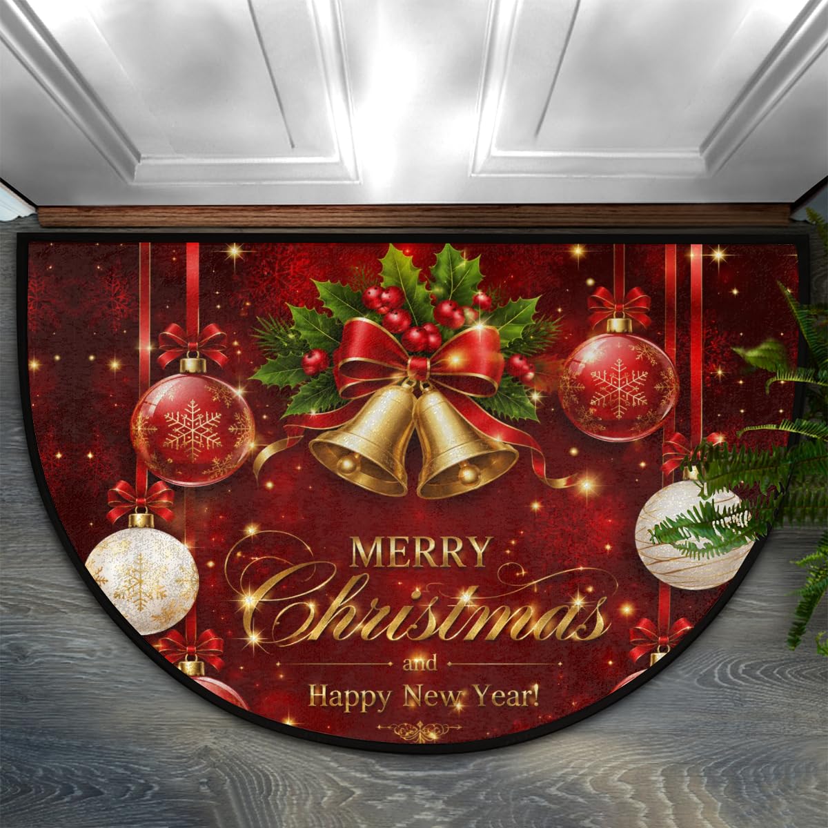 Half Round Doormat Washable Kitchen Semi Circle Rug xmas Bell Holly ball (G 04)