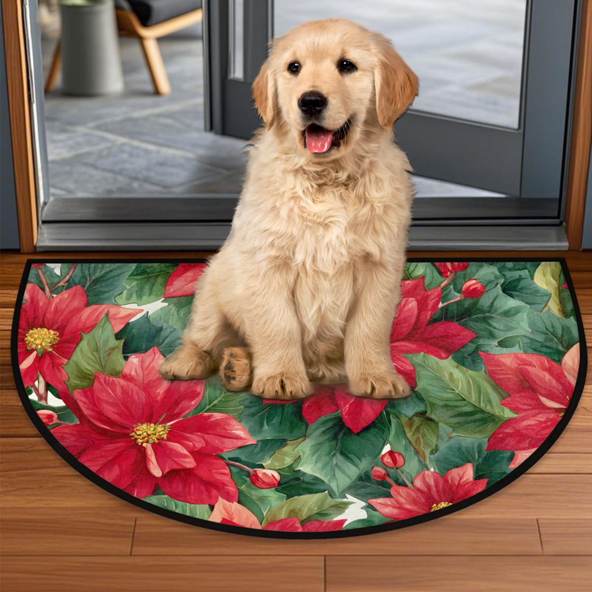 Christmas Poinsettia Half Round Door Mat (A-91)