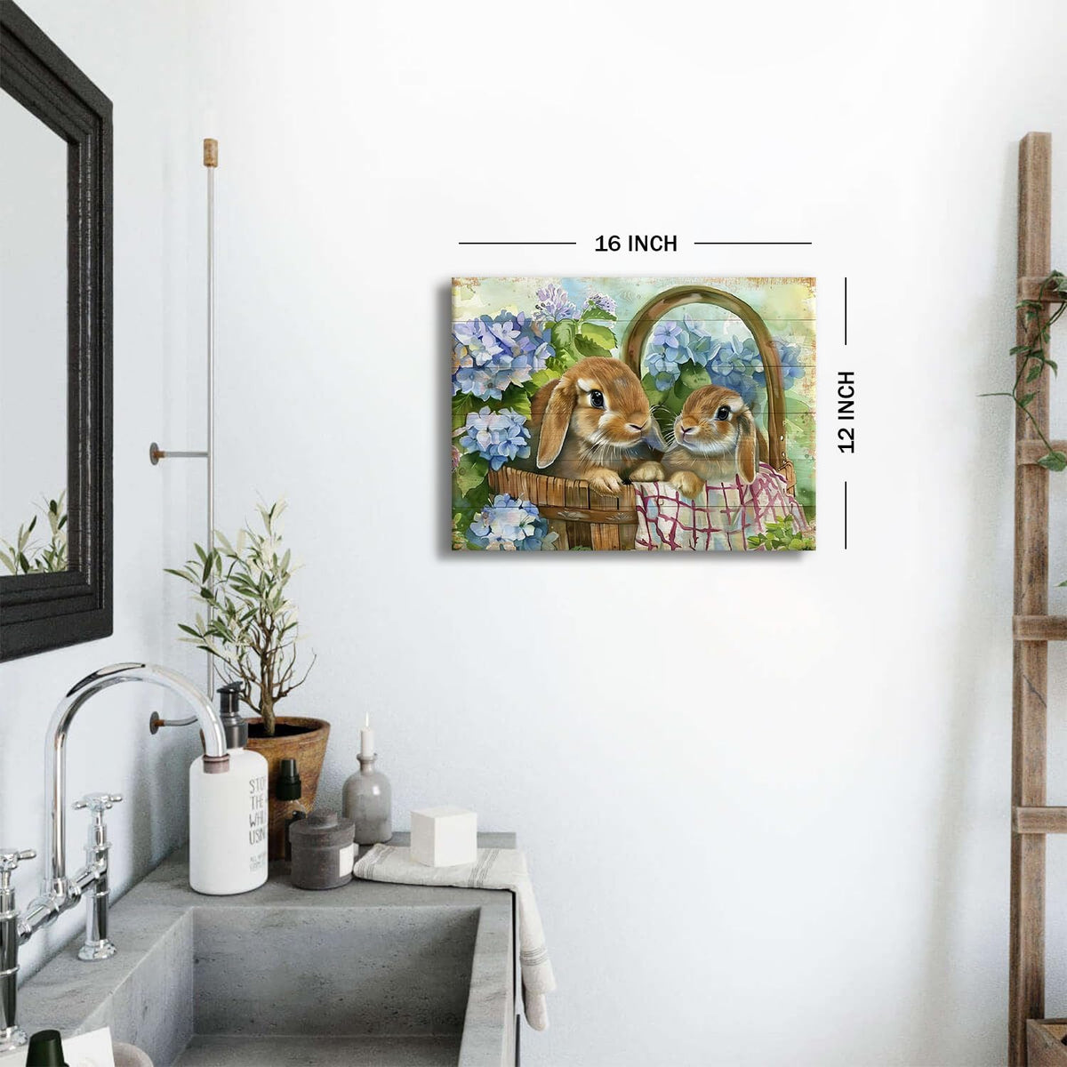 Bunny Wall Art Decor Cute Rabbits Flowers Canvas Prints Pictures for Kitchen Dining Room Decor Rustic Animals Floral Painting Vintage Farmhouse Easter Artwork for Bedroom Home Decorations 12x16" (16"L x 12"W / Rabbit)