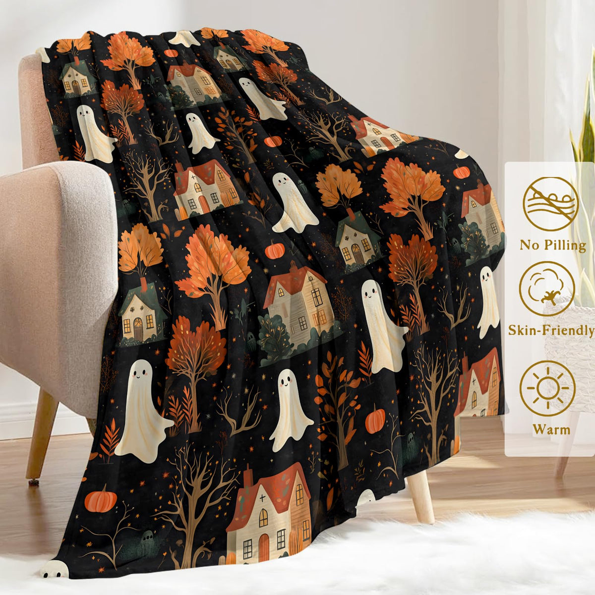 Spooky Ghost Village Flannel Blanket (50x60in / Ghost)