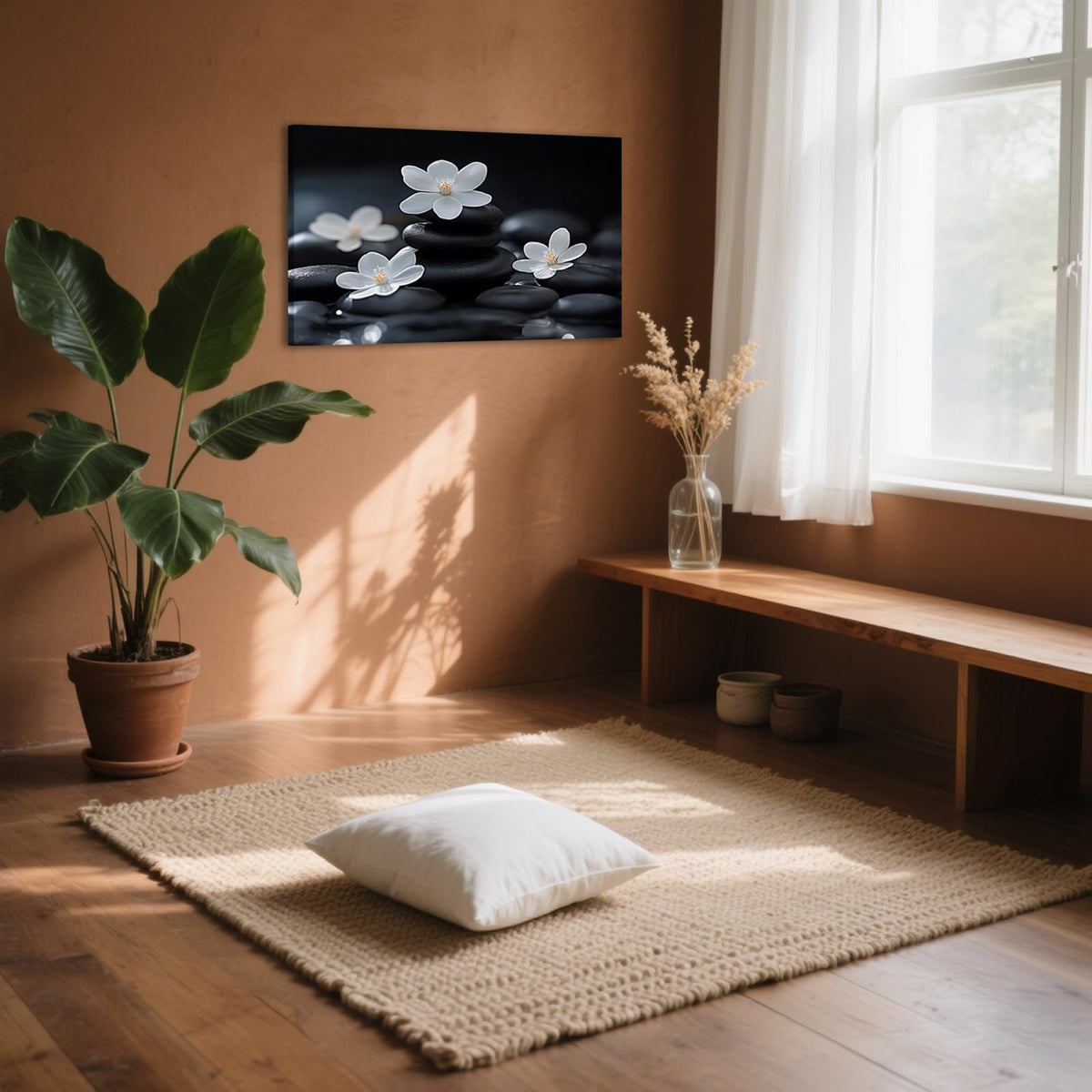 Zen Wall Art Canvas Print Black Stones and White Cherry Blossoms Picture Framed Artwork Poster for Meditation Room Spa Bathroom Decor (WE000050-8 / 18"L x 12"W)