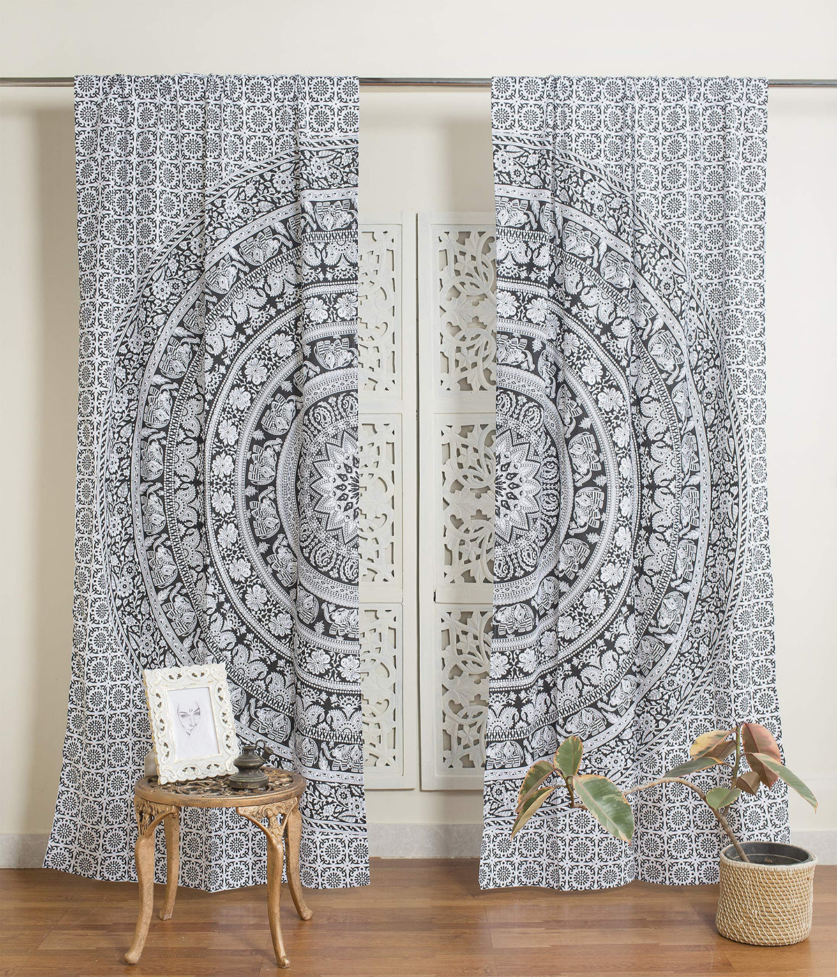 Printed Curtains Panels Set of 2 Indian Hippie Bohemian Beautiful Elephant Mandala Curtain Panels Black and White 42x100 Inch (42"W x 100"L (Pack of 2) / Black and White)
