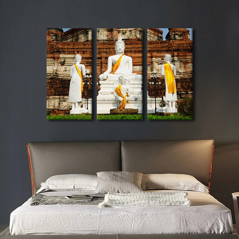 Buddha Canvas Wall Art Modern 3 Panel Living Room Decor Buddha Statue in Ayutthaya Thailand Picture Buddhism Canvas Poster Prints Art for Living Room Wall Decor Stretched Ready to Hang 36x24 in (36x24 in / 3PANEL-01)