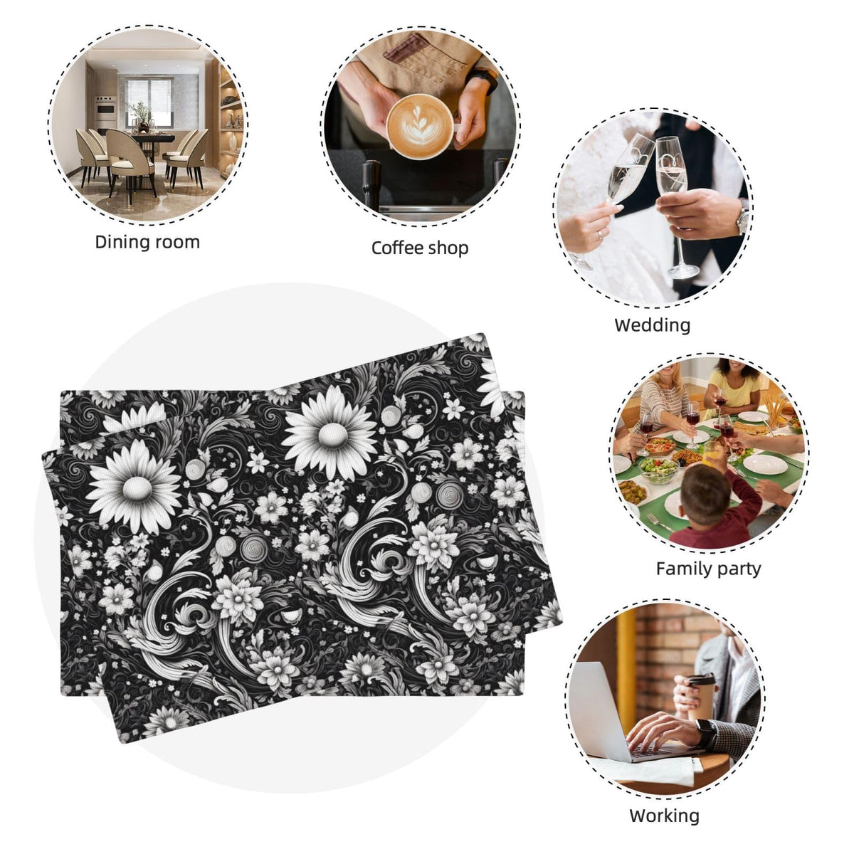 Black and White Flower Sketch Place Mat Set of 4 Pieces Heat (4PCS / Black and White Flower)