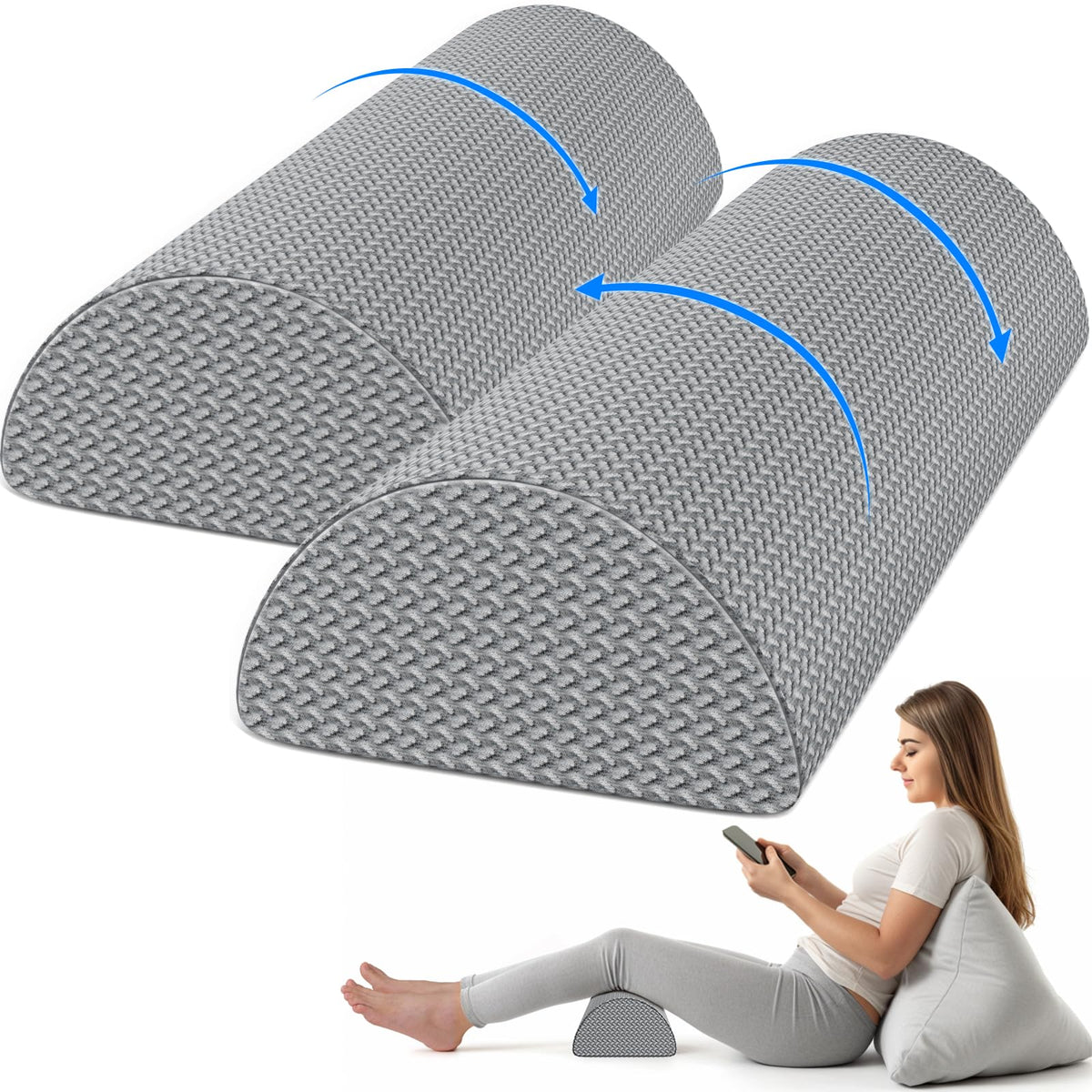 2 Pack Knee Pillow for Back Sleeping Memory Foam Half Moon Bolster Pillow (Grey / Standard-2pack)