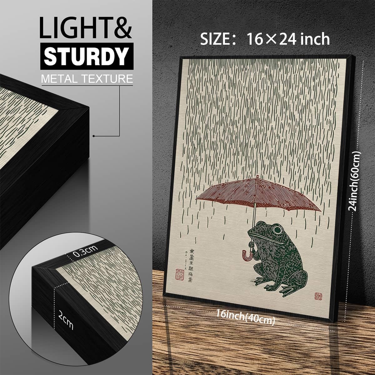 Black Framed Vintage Japanese Wall Art 16x24in Whimsical Frog with Umbrella Poster Cute Japan Animal Picture Painting Minimalist Asia Aesthetic Prints for Living Room Bedroom Office Ready to hang (Black Framed / Japanese Frog Poster / 24"L x 16"W)