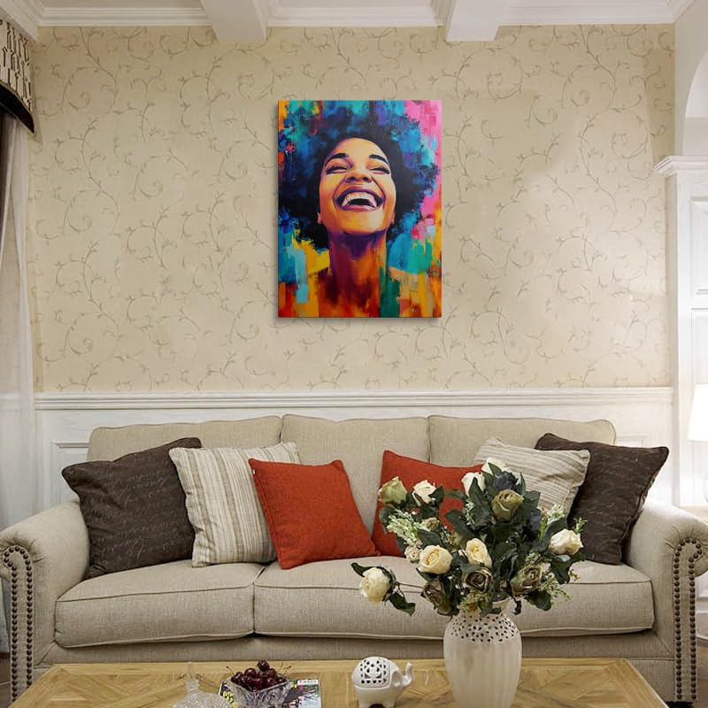 Joyful African American Women Wall Art Fashion Black Girl colorful Graffiti Portrait Canvas Pictures Poster for Living Room Bedroom Home Office Framed Inspirational Gift for Women 12"x16" (Black girl / 16"L x 12"W)
