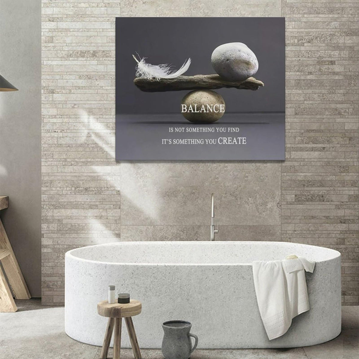 Zen Stone Wall Art Meditation Spiritual Wall Decor Inspirational Balance Feather Pictures Canvas Prints Framed Home Decorations Painting Artwork for Living Room Bedroom Office Bathroom 24"x20" (24"L x 20"W / Inspirational Quotes-Balance)
