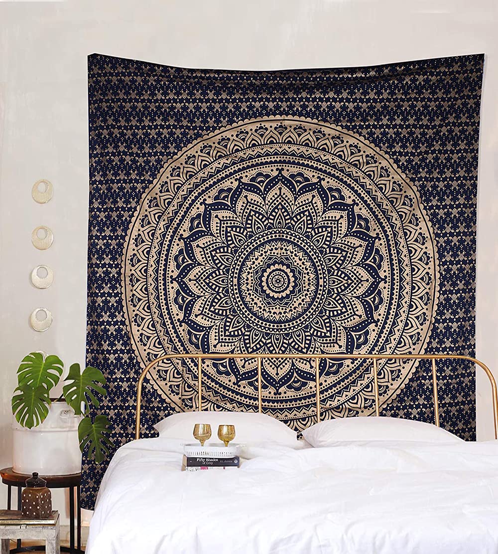 Blue Gold Mandala Tapestry For Bedroom (Blue Gold / 92"L x 82"W)