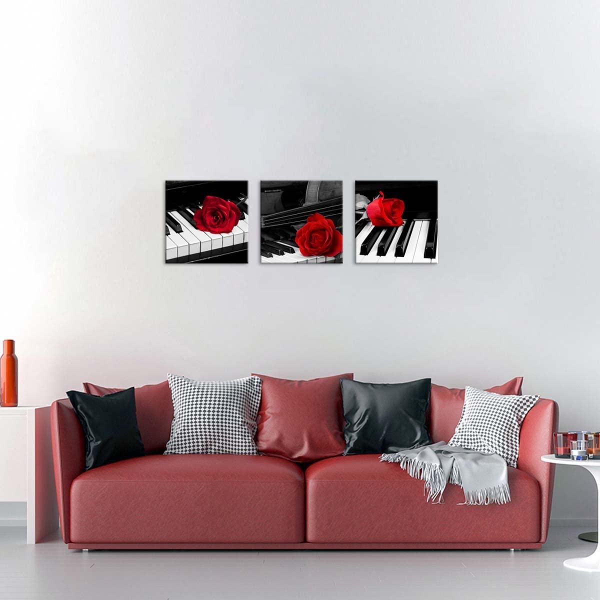 3 Pcs Modern Canvas Painting Black and White Red Rose Canvas Art Rose and Piano Keyboard Wall Art Music Decorations Flower Picture on Canvas for Home Decor Giclee Framed Artwork for Wall (14 x 14 inches (3-Piece Set) / Rose & Piano Key)