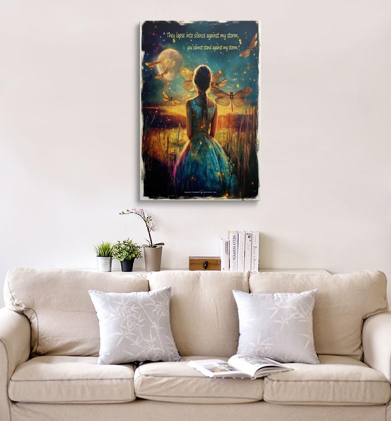 Framed Moon Girl Wall Art Dragonfly Canvas Inspirational Decor 12x16 Inches (Moon Girl / 16"L x 12"W)