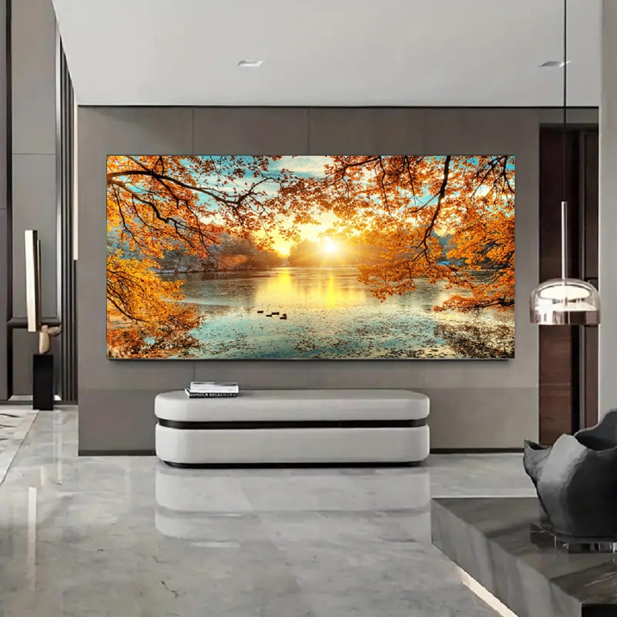 Landscape Tree Canvas Wall Art Fall Forest Sunset Wall Decor Poster Lake Water Pictures for bedroom wall décor Natural Scenery Paintings Artwork Large Living Room Decor Home Office Decoration (Bblanndscape / 60"L x 30"W)
