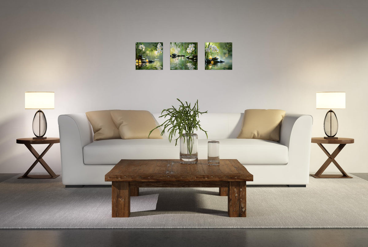 3 Pcs Canvas Zen Wall Art Zen Wall Art for Bathroom Bamboo Spa Stone White Flower in Water Picture Print on Canvas Spa Art for Walls for Home Decor Wall Decor Stretched and Framed 16x16inch (16x16inchx3 / Green Zen 4)