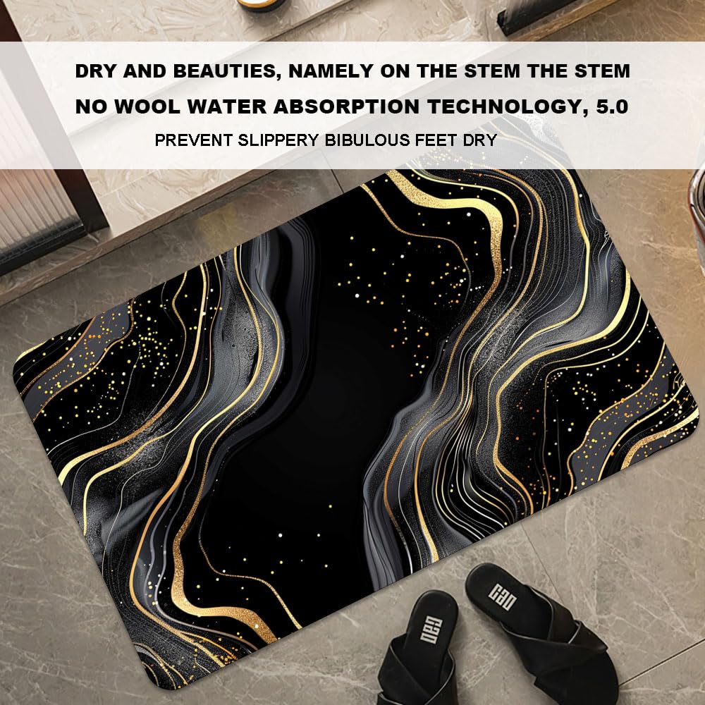 Bath Mat Bathroom Rug (Black and Gold Abstract Marble- / 20 x 31 inches)