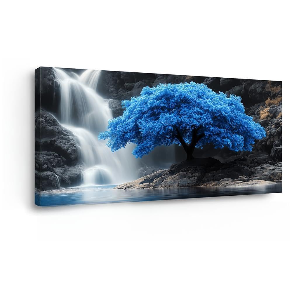 Navy Blue Tree Scenery Wall Art for Living Room Office Waterfall Landscape Art Deco Black and White Scenic Painting Prints Nature Canvas Artwork Over the Couch Bedroom Decor (40"L x 20"W / Navy Blue Tree Wall Art (K868))