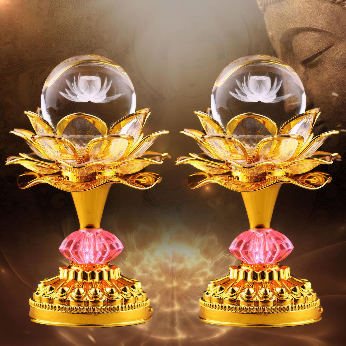 Colorful LED Crystal Ball Lotus Buddhist Lamp (Pale Gold)