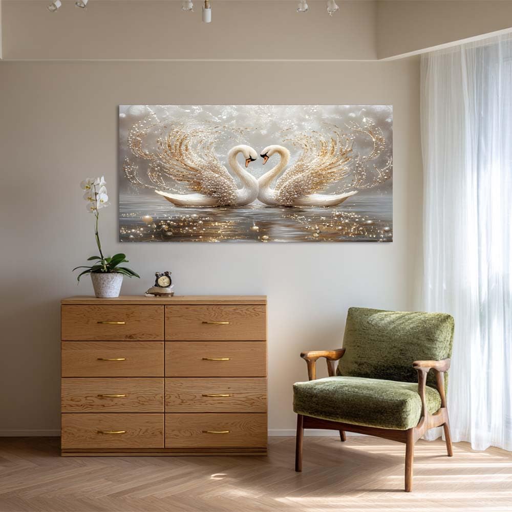 Romantic Swan Canvas Wall Art Gold Glitter Pearl Animal Painting Print Gallery Wrapped Luxury Heart Swan Artwork for Living Room Bedroom Bathroom Decor (Mysterious / White Swans Love 3 / 46"L x 23"W)