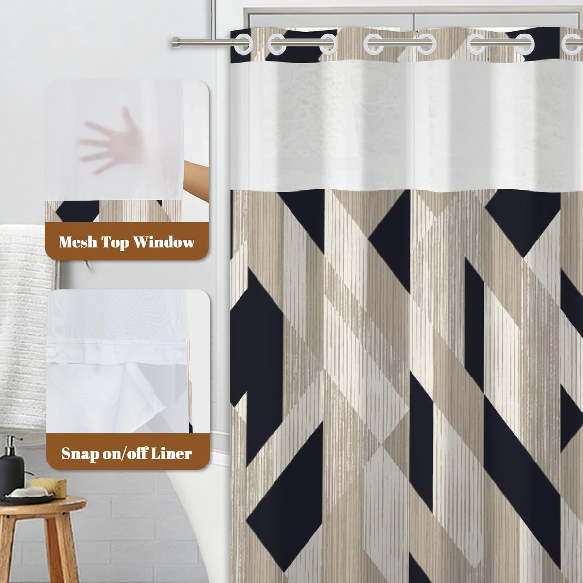 Abstract Geometric Art Shower Curtain with Snap in Liner Set (Abstract Art-6)