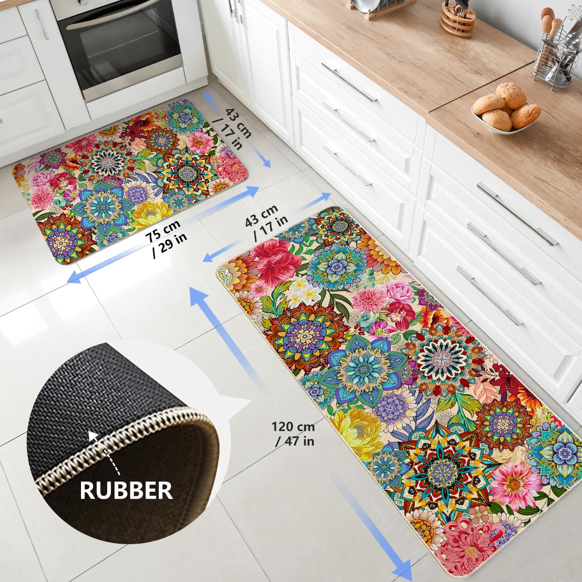 Boho Floral Kitchen Rug Set of 2 (Boho Floral / 17" x 29" + 17" x 47" (Rectangular))