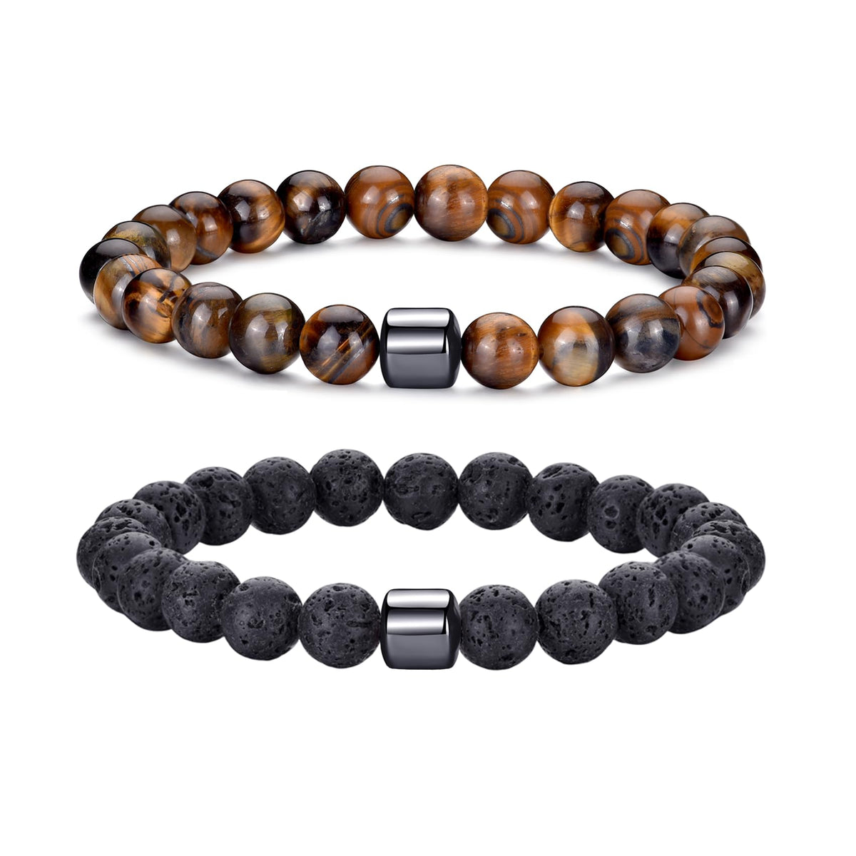 Tiger Eye Bracelet For Men 8MM Natural Stone Beads Bracelet Set Stretch Lava Rock Bracelets Adjustable Black Crystal Beaded Bracelet for Men Women Gifts (2,lava rock,tiger eye bracelet)