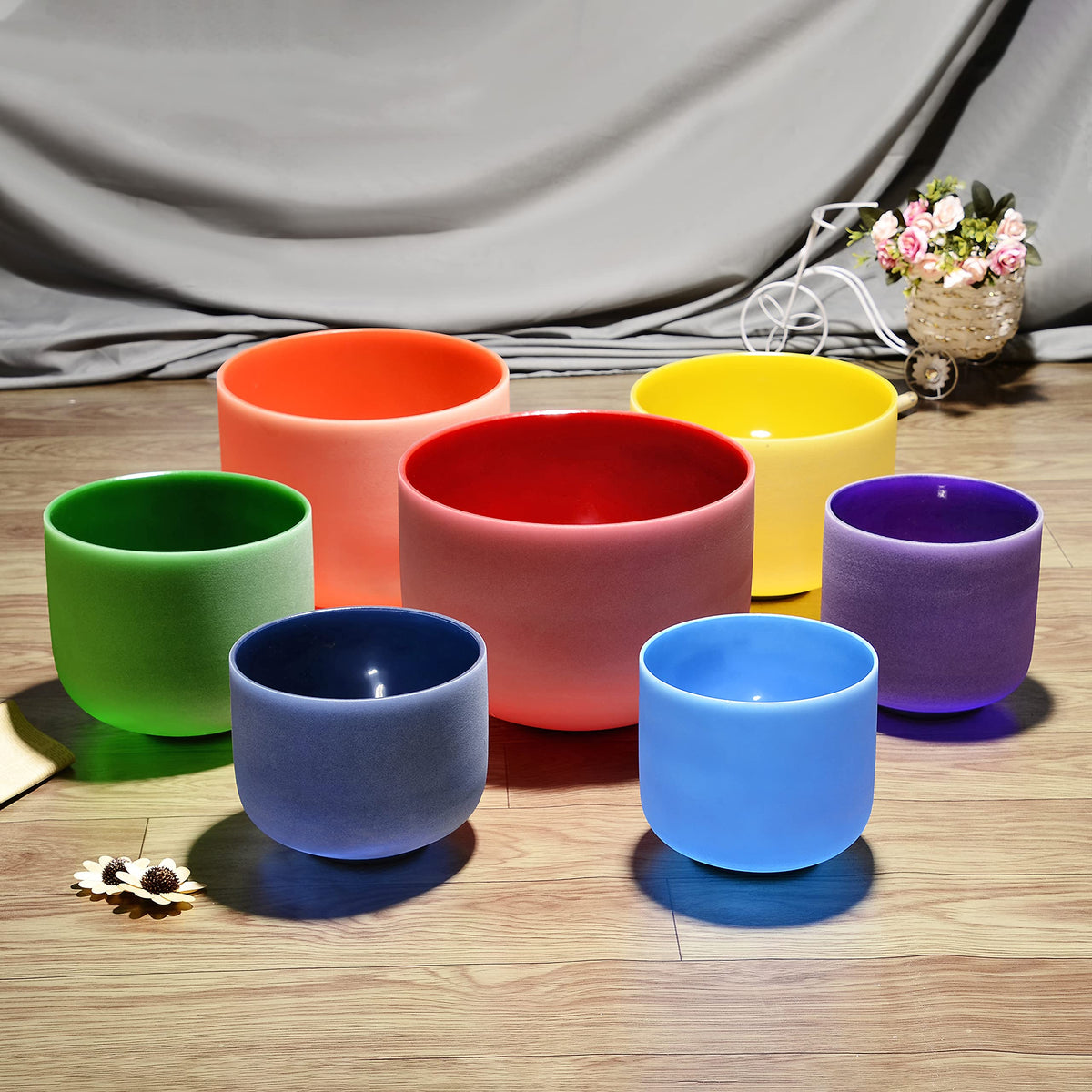 7 12 inch 432 Hz Chakra Set of 7 Color Crystal Singing Bowls with Heavy Duty Carrying Cases and Mallets (7-12 inch / 432Hz 7 Color Bowls Set)
