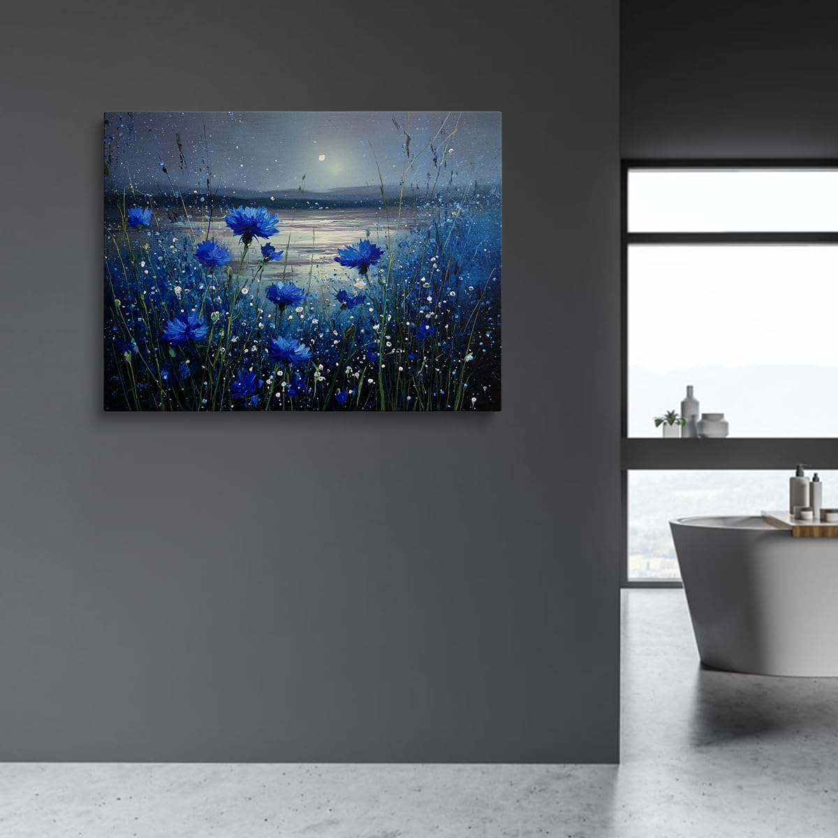 Beautiful Blue Cornflowers Moonlit Lake Landscape Canvas Wall Art (Blue Flower (Wrapped Canvas) / 16"L x 12"W)