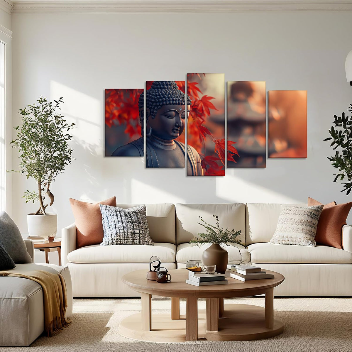 Buddha Canvas Wall Art 5 Piece Zen Wall Decor Buddhism Meditation Picture Red Leaf Prints for Yoga Spa Spiritual Room Bathroom Home Decor Framed (40x22 inch / Picture-4)