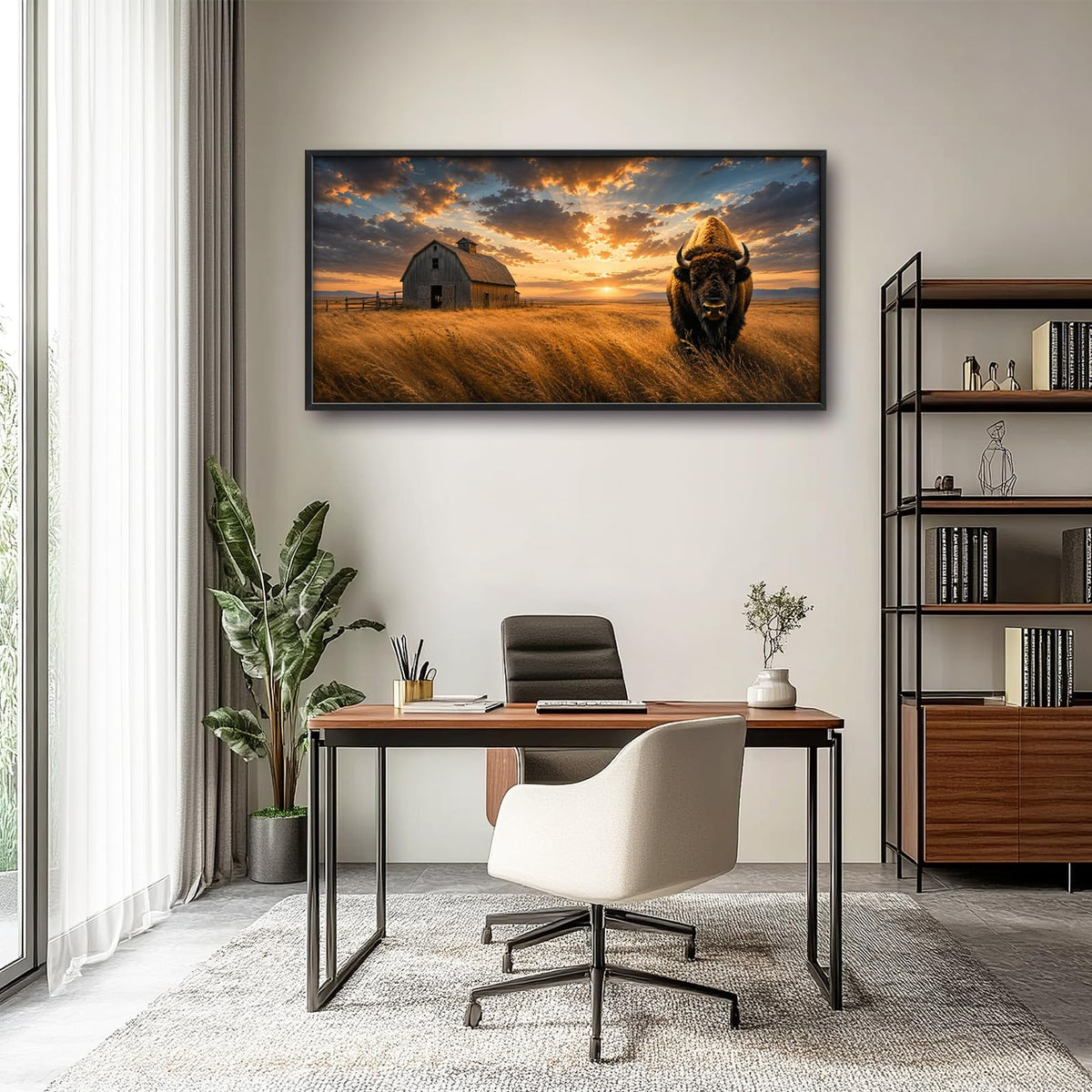 Large Framed Rustic Bison Wall Art Farmhouse Buffalo Decor 60"x30" (Bison / 60"L x 30"W)