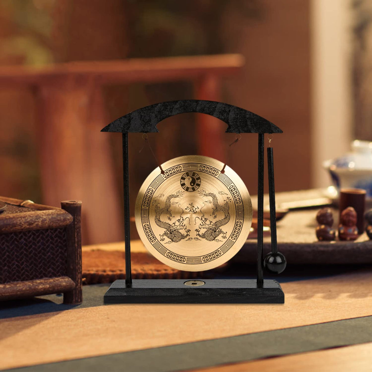 Zen Art Tabletop Brass Gong Dragon Taiji Symbols Feng Shui Meditation Decor (Dragon)