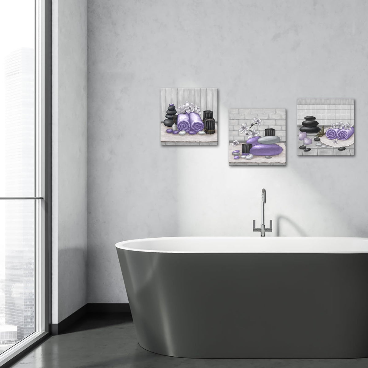 Spa Canvas Wall Art Purple Bathroom Decor Lavender and Grey Zen Stone Orchid Picture Painting Still Life Prints for Bathroom Zen Meditation Room Framed 12"x12" for Each (purple)