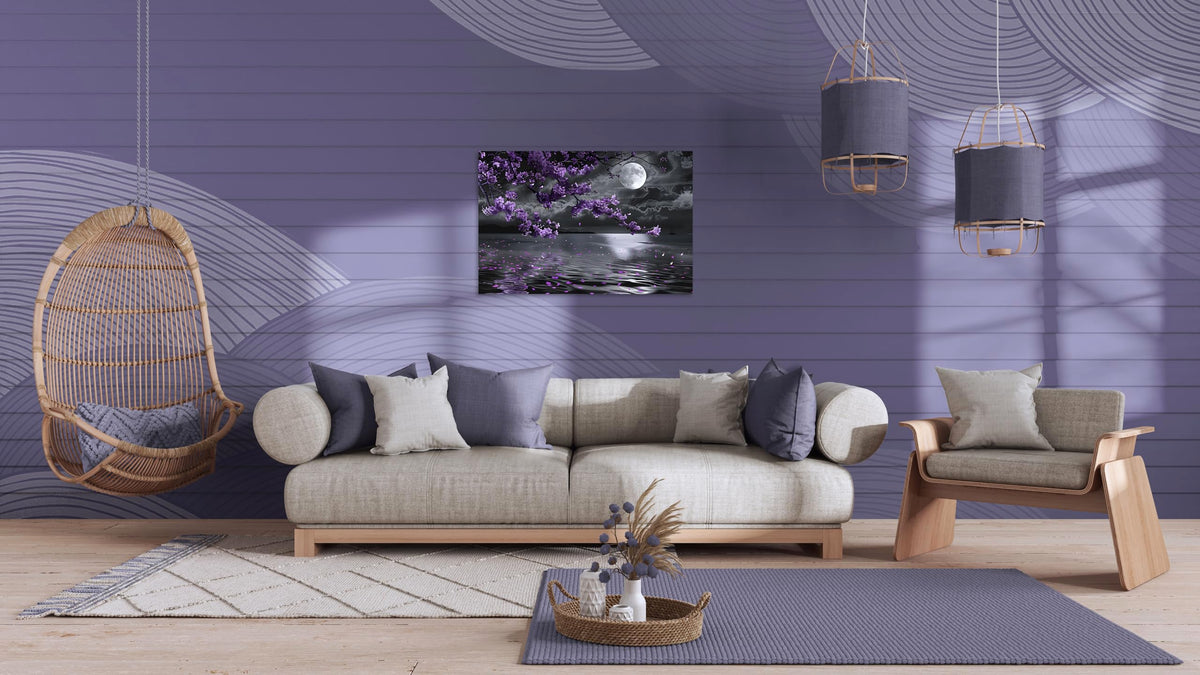 1 Pcs Purple Bedroom Pictures Wall Decor Purple Canvas Art Black and White Sea Night Full Moon Purple Flower Print on Canvas Purple Wall Picture for Room Decor Stretched and Framed 12x18 inch (18"L x 12"W / Purple Flower 10)