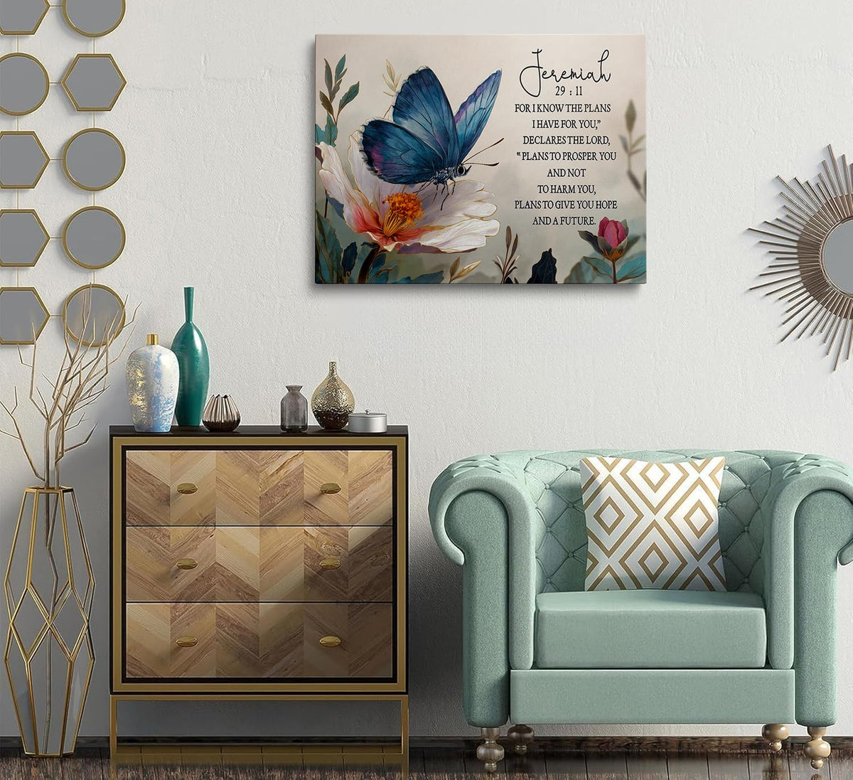 Blue Butterfly Vintage Floral Inspiring Christian Gifts for Women Canvas Wall Decor (Light-colored / 24"L x 16"W)