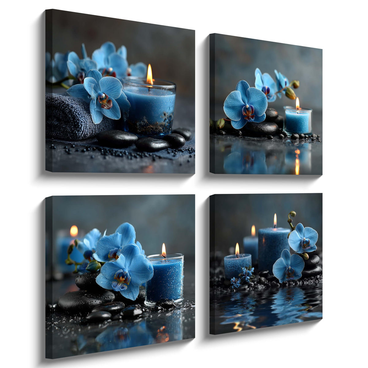 4PCS Blue Orchid Candle Spa Wall Art Zen Aromatherapy Canvas Print Relaxing Floral Still Life Artwork with Stones Modern Tranquil Bathroom Bedroom Meditation Decor for Home Spa Office (16X16inchX4 / Blue Orchid)