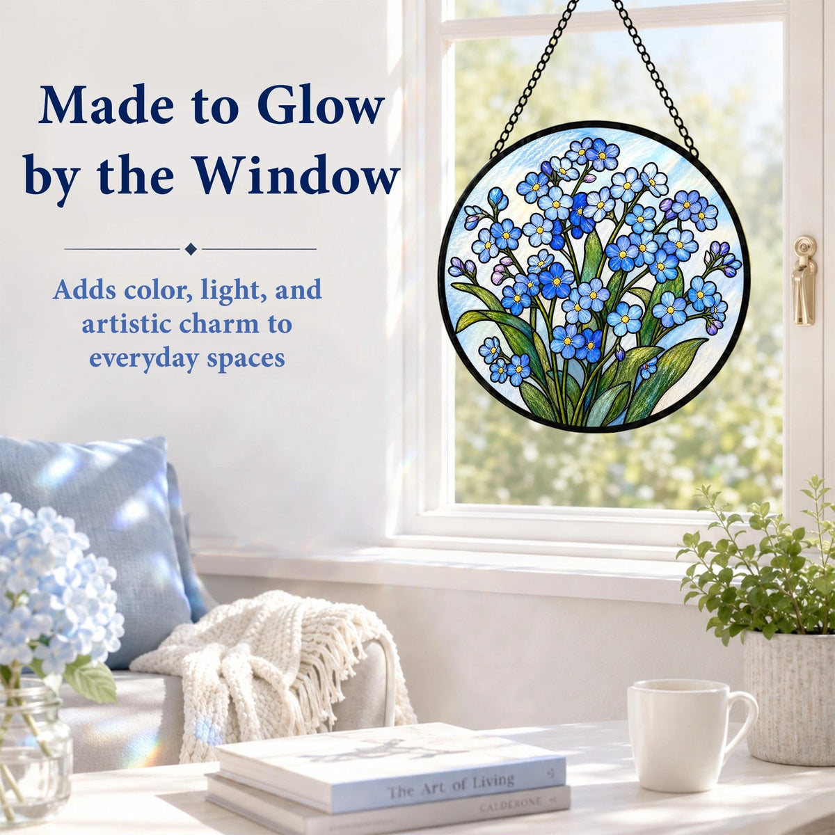 Forget Me Not Gifts for Women Suncatcher Stained Glass Window Hanging (Forget Me Not / 7.8 x 7.8 IN)