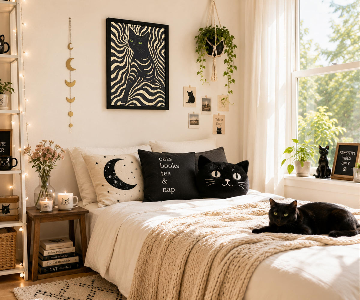 Framed Black Cat Wall Art Zebra Pattern Poster (Black And Cream / 16"L x 24"W)