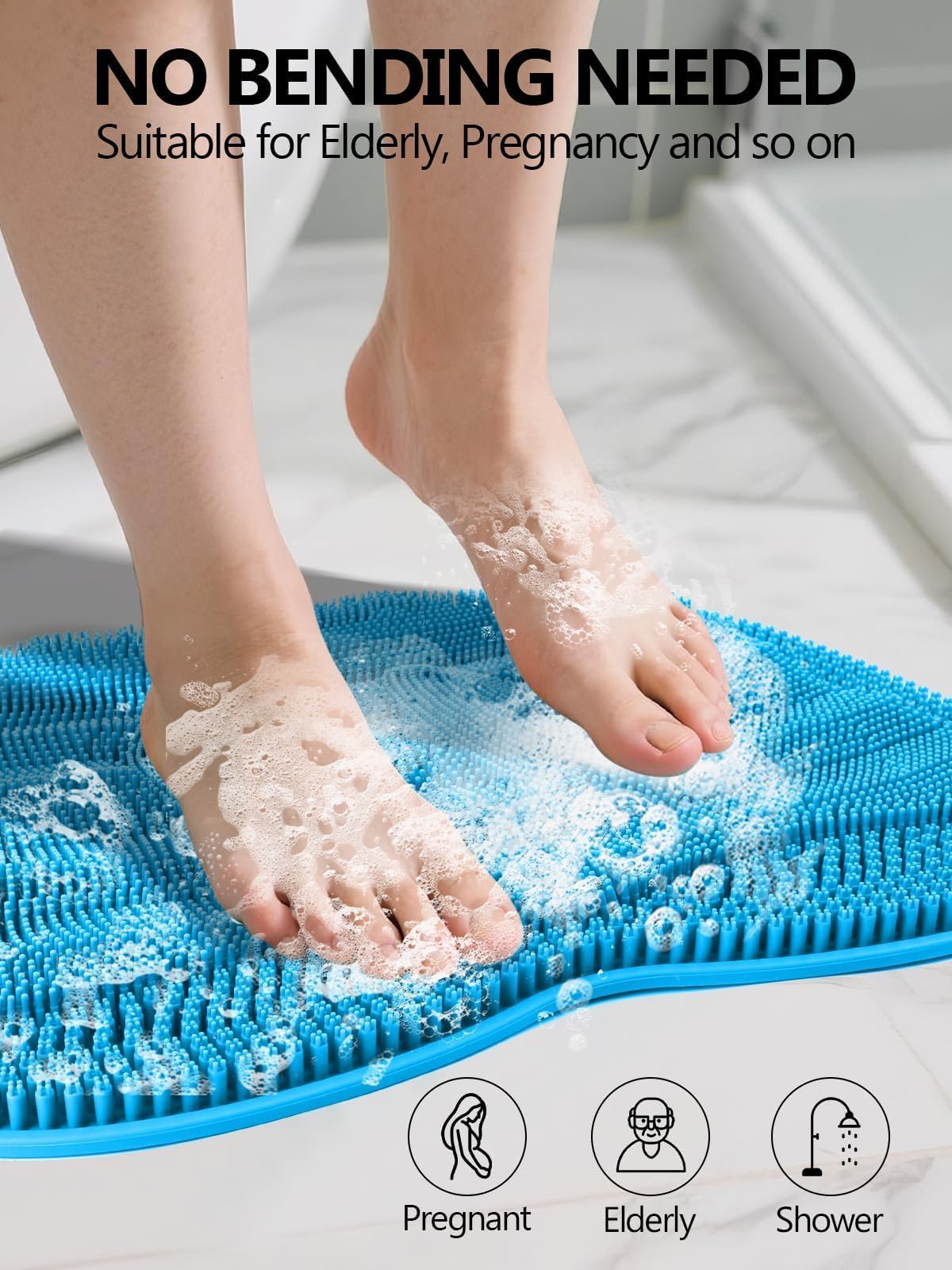 Silicone Shower Foot Scrubber Mat with Non Slip Suction Cups (Blue)