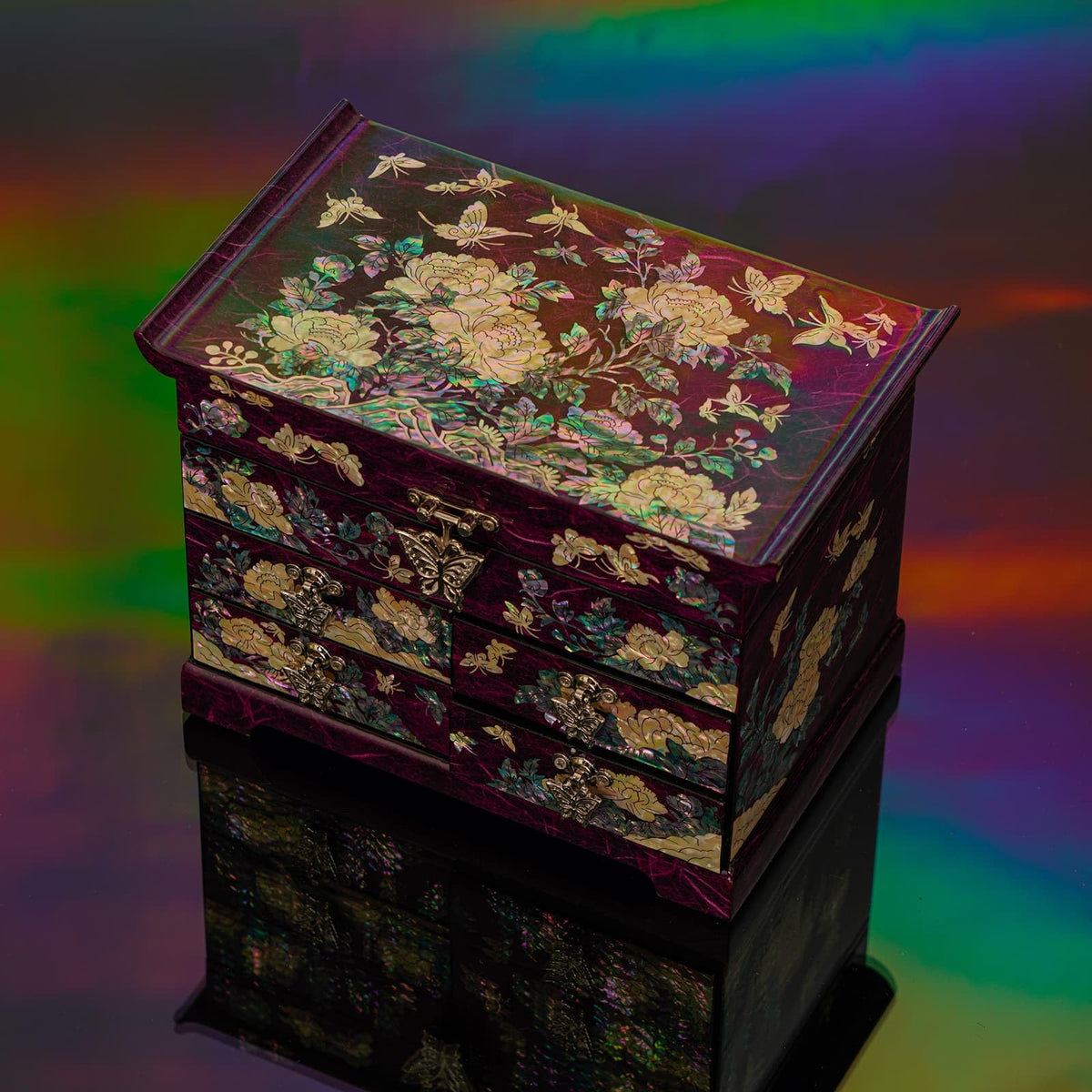 Mother of Pearl Wooden Jewelry Organizer Box (Peony_Purple)