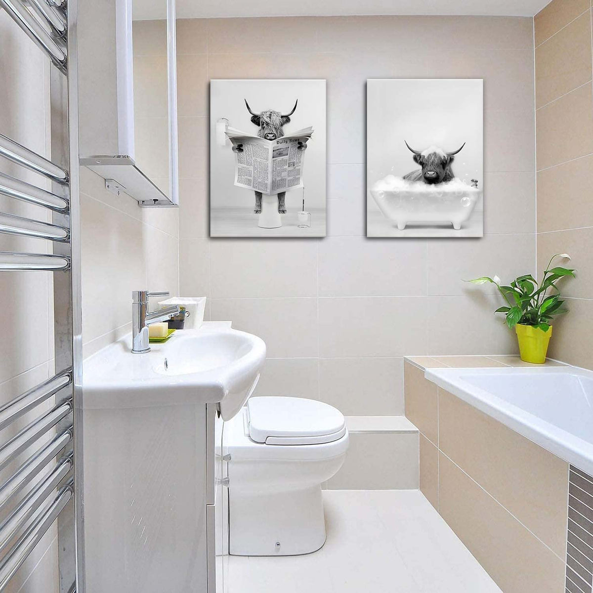Funny Highland Cow Bathroom Wall Art Farmhouse Animal Canvas Prints Decor (cow wall art / 16"L x 12"W)