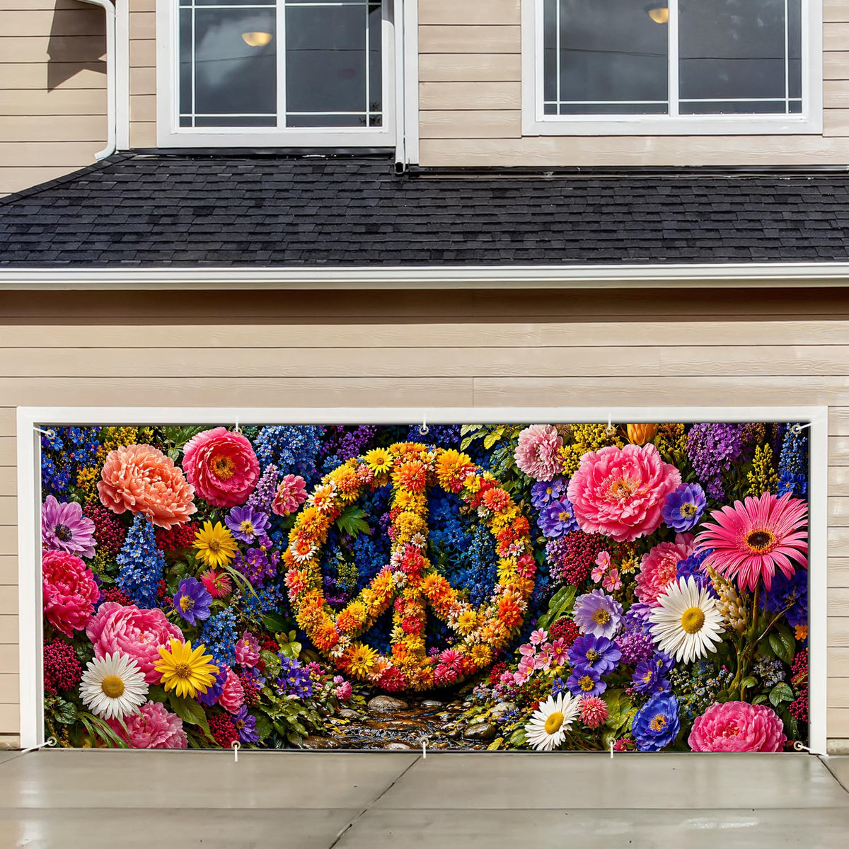 Floral Peace Sign Garage Door Banner Cover (207 / 7 x 16 ft)