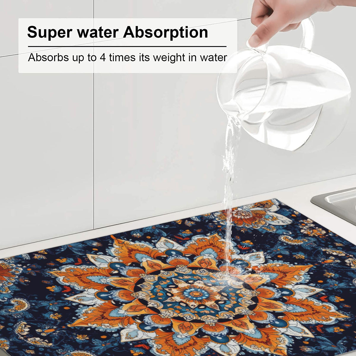 Mandala Flowers Dish Drying Mat for Kitchen Counter Microfiber Super Absorbent Non (Mandala Flowers)