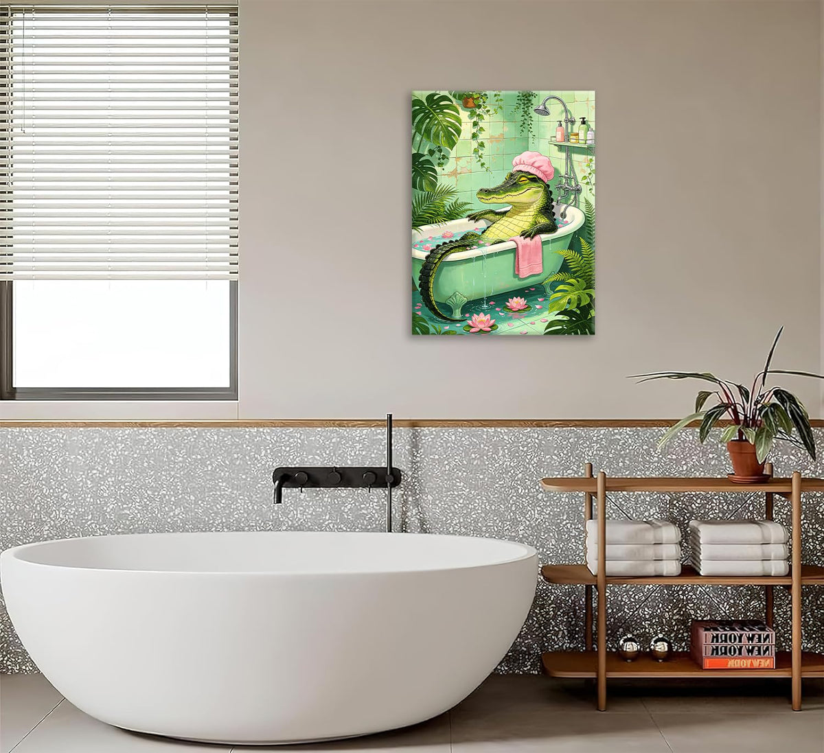 Bathing Crocodile Canvas Wall Art Funny Bathroom Framed ArtWork 20"x24" (Bathing Crocodile / 24"L x 20"W)