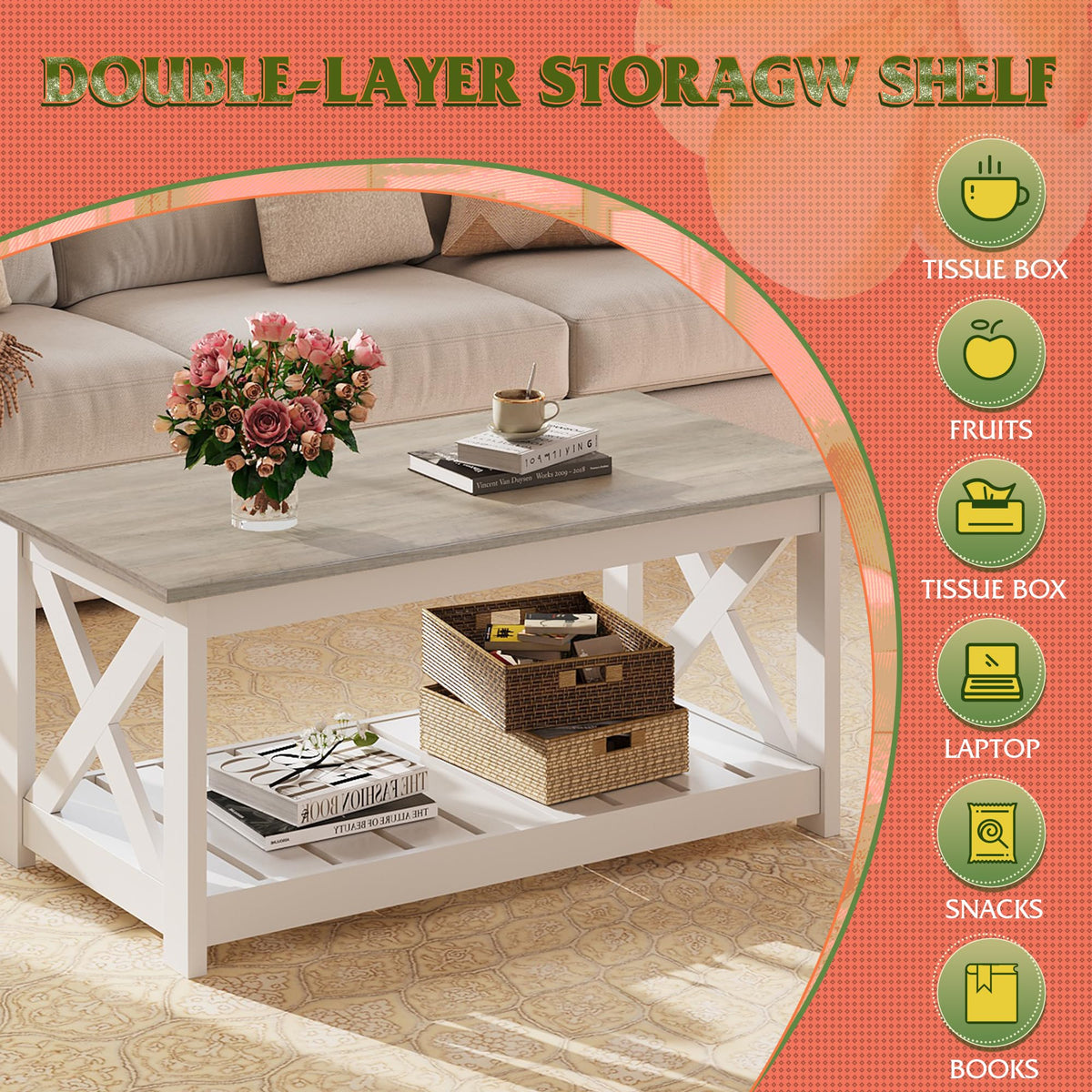 Farmhouse Coffee Table for Living Room (Natural White)