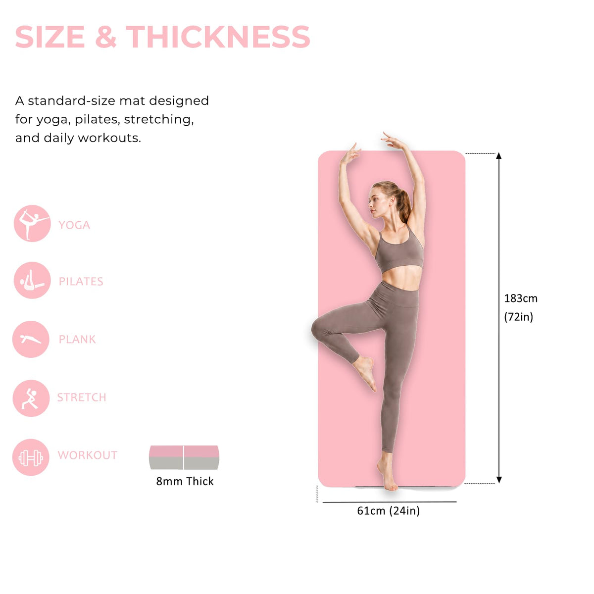 TPE Yoga Mat 72"x24" (Pink Grey / 72*24*0.3inch)