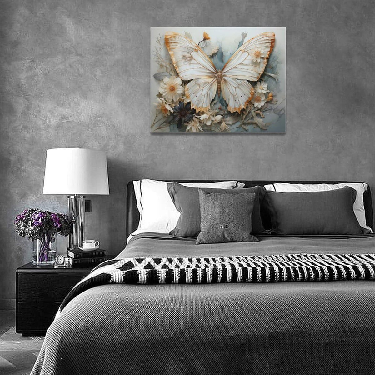 Butterfly Flower Decor Wall Art Aesthetic Butterflies Pictures Wall Decor Abstract Butterfly Floral Canvas Painting Modern Artwork Decorations Framed for Bathroom Living Room Bedroom Office 16x12 inch (16"L x 12"W / Gold Butterfly)