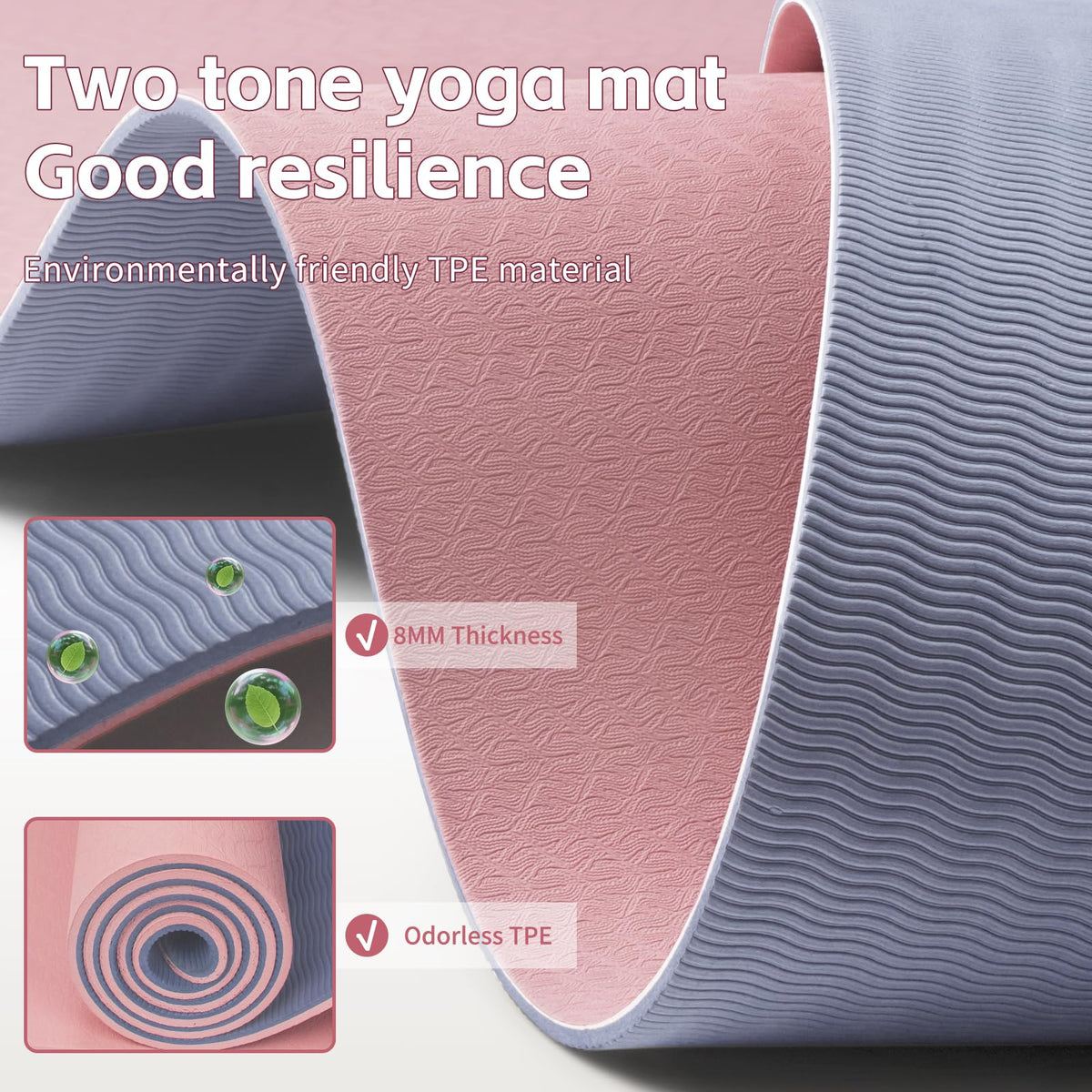 TPE Yoga Mat 8mm Thick Non (Deep Pink&Grey)