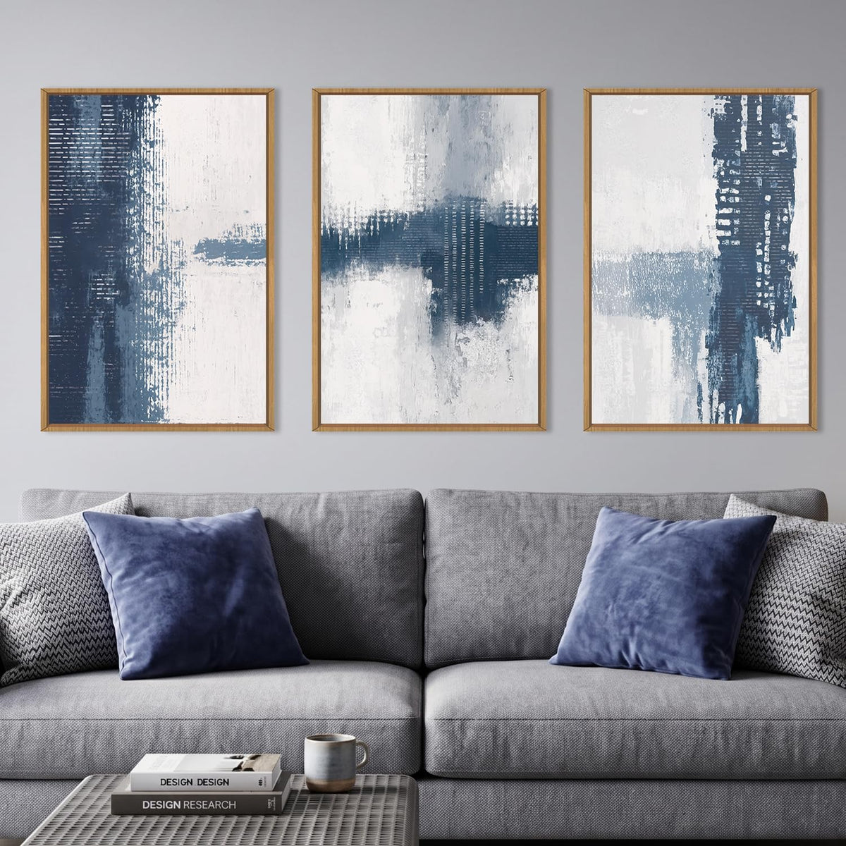 Abstract Navy Blue Grey Framed Canvas Wall Art Set (Blue White Wall Art / 24"L x 36"W)