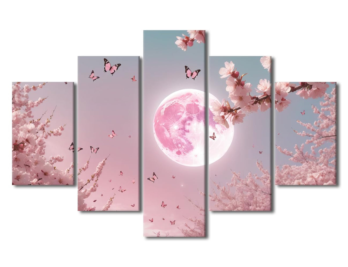 Canvas Wall Art Premium Whispering Moon And Cherry Blossoms Large Framed Poster Minimalist Asian Decor Bedroom Wall Display Five Panel Poetic Night Artwork 60" Wx40 H‌ (60''Wx40''H / Artwork-10)
