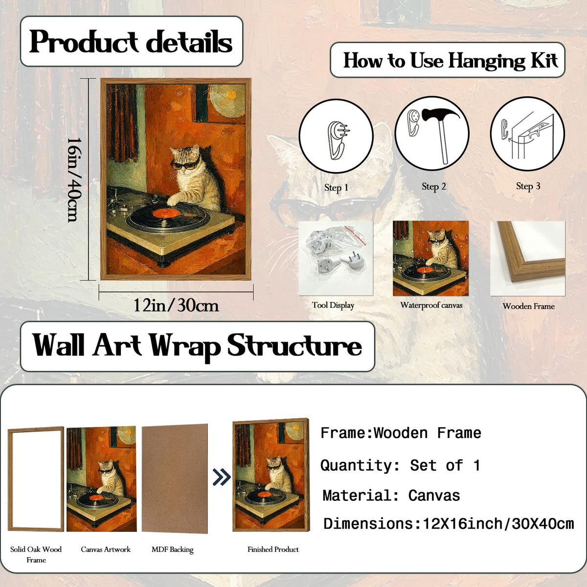 Framed Funny Cat Wall Art (Cool Cat / 16"L x 12"W)