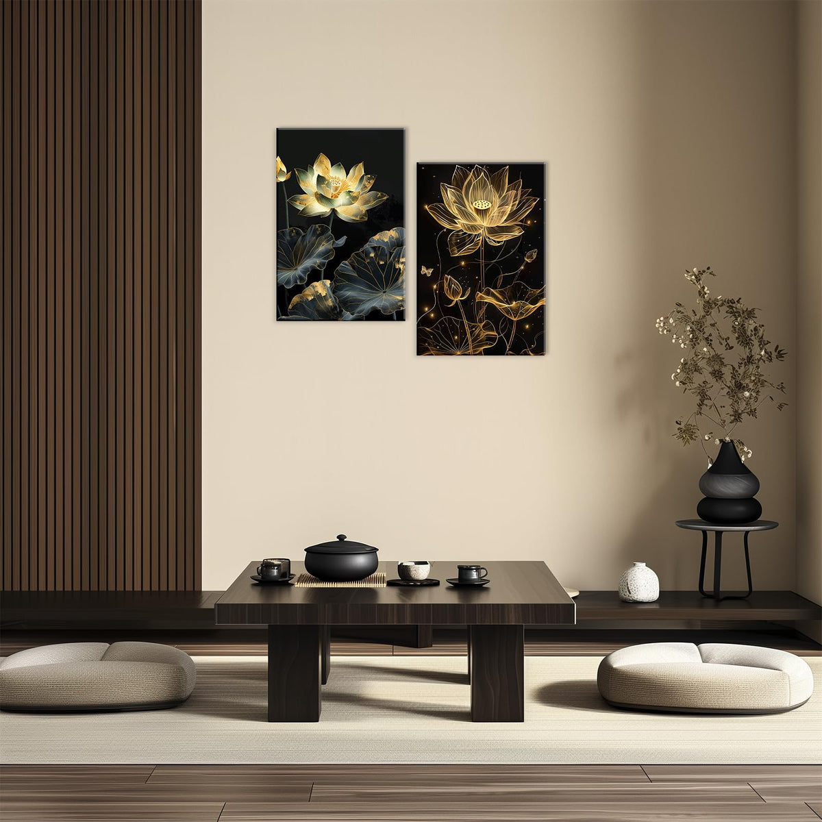 Zen Wall Art 2 Piece Black Gold Lotus Flower Poster Wall Decor Abstract Modern Artwork Zen Decoration for Yoga Spa Room Living Room Decor Framed (Artwork-4 / 24"x32"x2pcs)